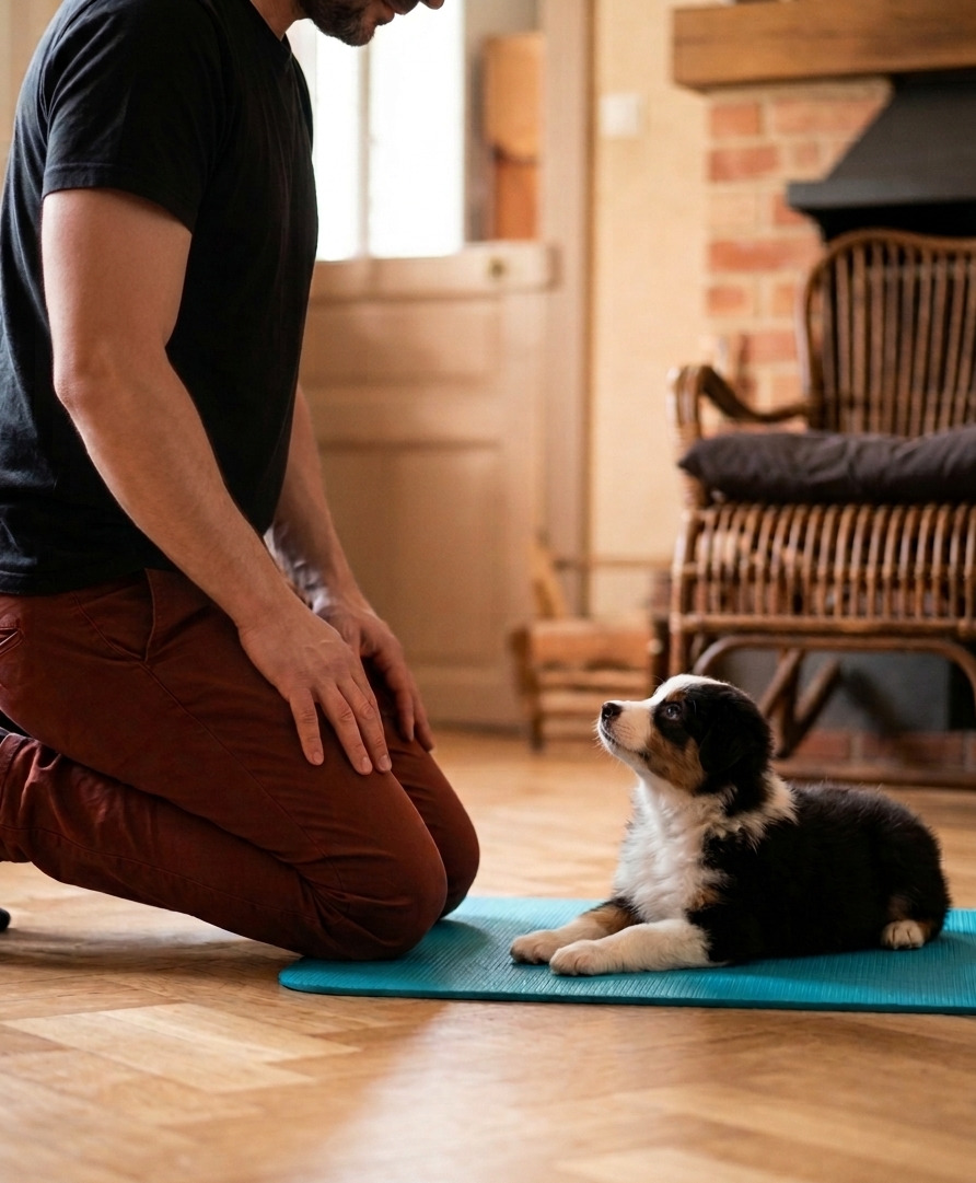 Accompagnement et éducation du chiot Cugnaux -Occitanie - Caniviola Education d'un chiot Berger Australien sur un tapis bleu avec un éducateur canin bienveillant à Cugnaux en Occitanie