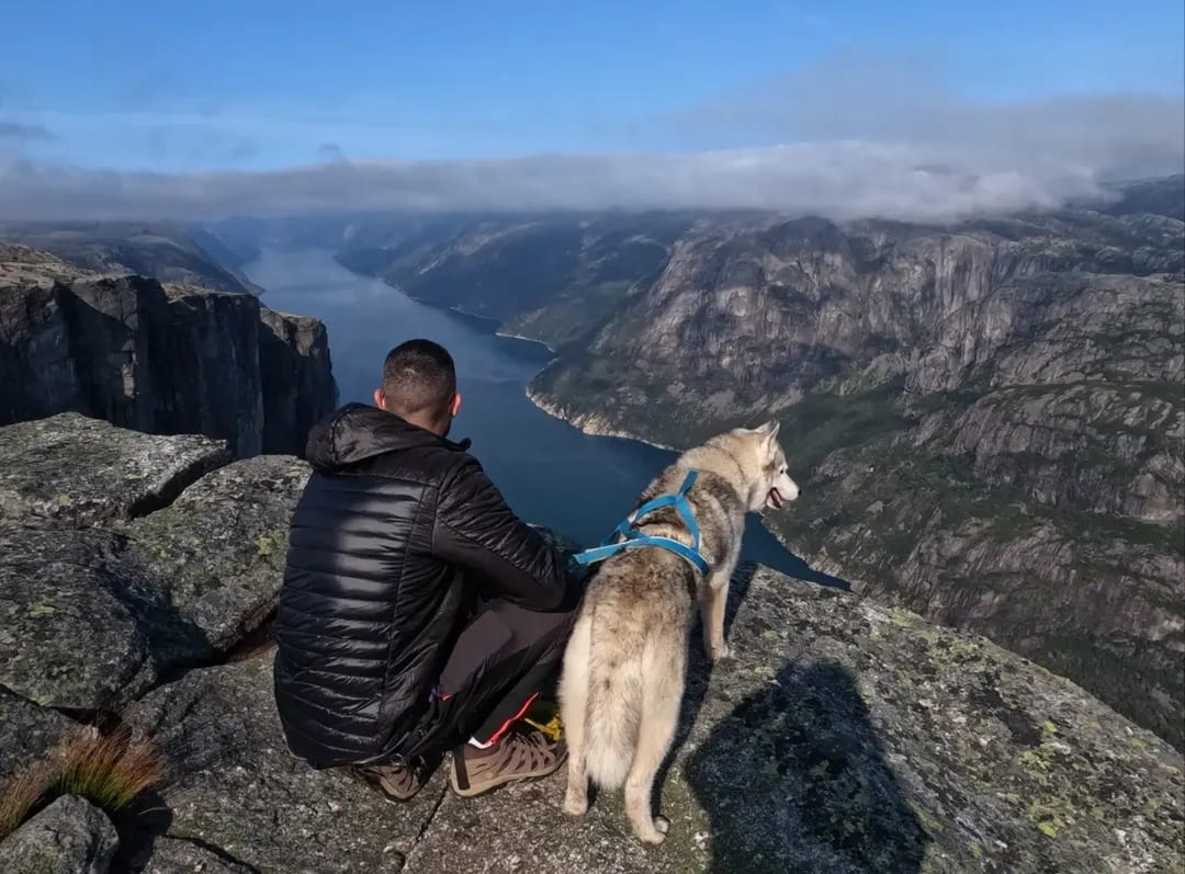 William Vergé, éducateur canin et médiateur animalier Caniviola à Muret (Haute-Garonne) assis sur une falaise face à un fjord en Norvège avec sa chienne husky. L'image illustre la complicité, le périple européen et le lien fort entre l'homme et l'animal.