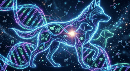 "Schéma scientifique de l'ADN canin représentant l'éthologie et la compréhension biologique du chien."