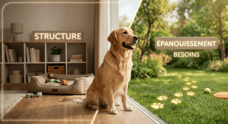 "Golden Retriever assis entre maison ('STRUCTURE') et jardin ('BESOINS ÉPANOUISSEMENT'), illustrant l'équilibre de Caniviola."