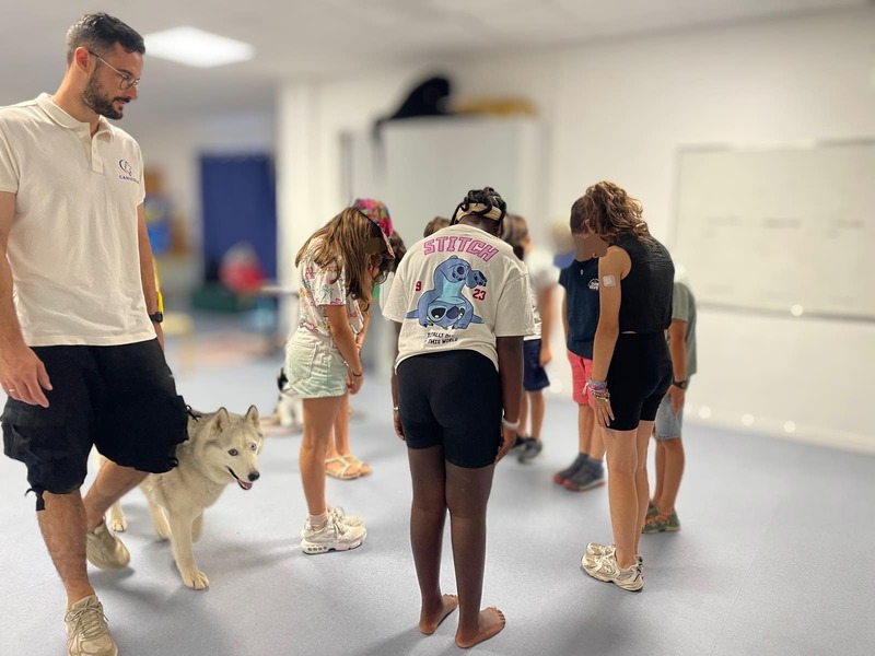 ateliers-peccram-posture-prévension-morsure-haute-garonne Groupe d'enfants pratiquant la posture sous la supervision de l'intervenant PECCRAM et du chien médiateur en laisse en Haute-garonne.