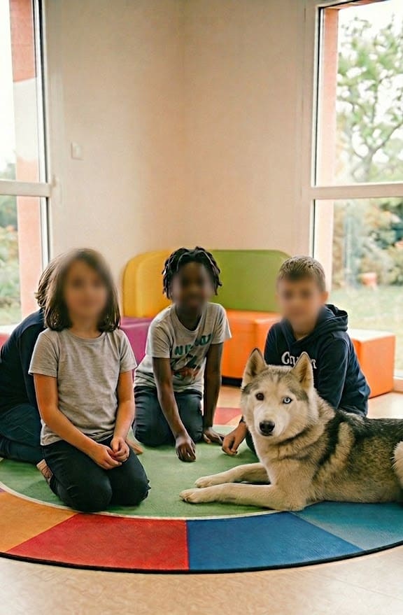 Séance pédagogique PECCRAM à Muret : des enfants apprennent la prévention des risques canins avec un chien médiateur